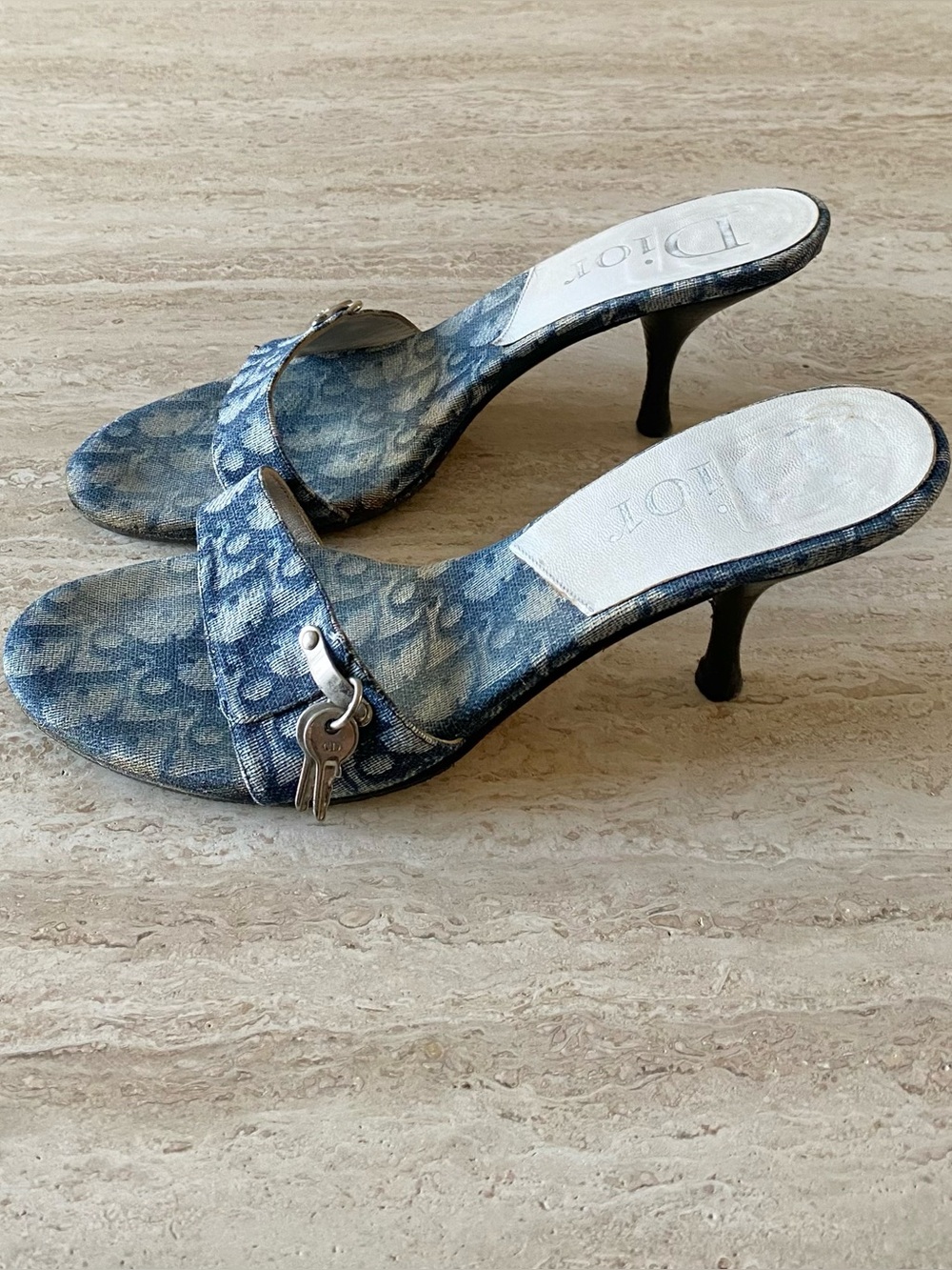 Vintage Dior Trotter Denim Key Lock Sandal Mule Heels - Picture 3 of 10